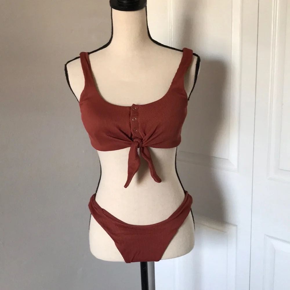 BROWN Ribbed Tie Front Bikini Set | S